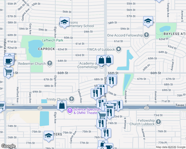 map of restaurants, bars, coffee shops, grocery stores, and more near 2711 66th Street in Lubbock
