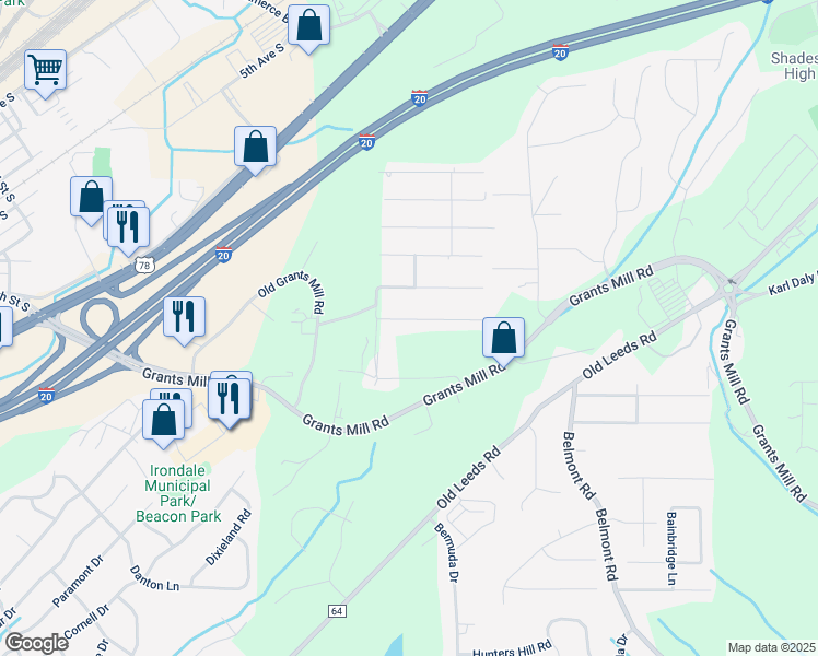map of restaurants, bars, coffee shops, grocery stores, and more near 207 Stone Ridge Trail in Irondale