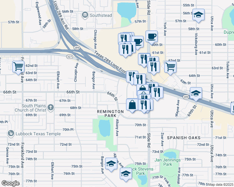 map of restaurants, bars, coffee shops, grocery stores, and more near 6539 Albany Avenue in Lubbock