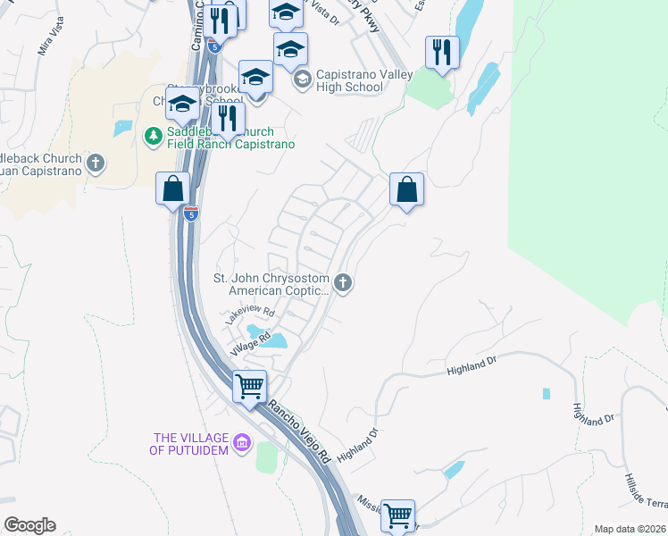map of restaurants, bars, coffee shops, grocery stores, and more near 29522 Ridge Road in San Juan Capistrano