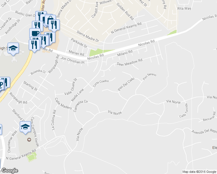 map of restaurants, bars, coffee shops, grocery stores, and more near 30130 Vía De La Mesa in Temecula