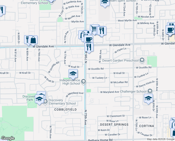 map of restaurants, bars, coffee shops, grocery stores, and more near 7434 West Krall Street in Glendale