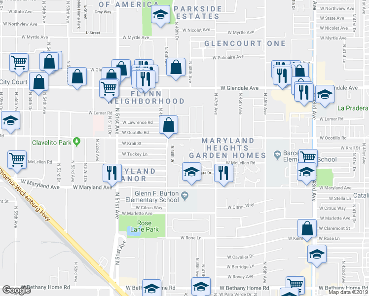 map of restaurants, bars, coffee shops, grocery stores, and more near 4805 West Krall Street in Glendale