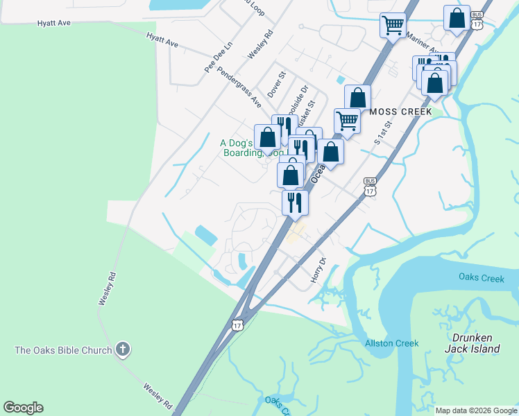 map of restaurants, bars, coffee shops, grocery stores, and more near 28 Morrell Court in Murrells Inlet