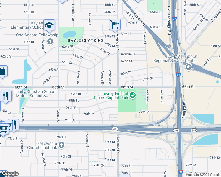 map of restaurants, bars, coffee shops, grocery stores, and more near 1609 66th Street in Lubbock