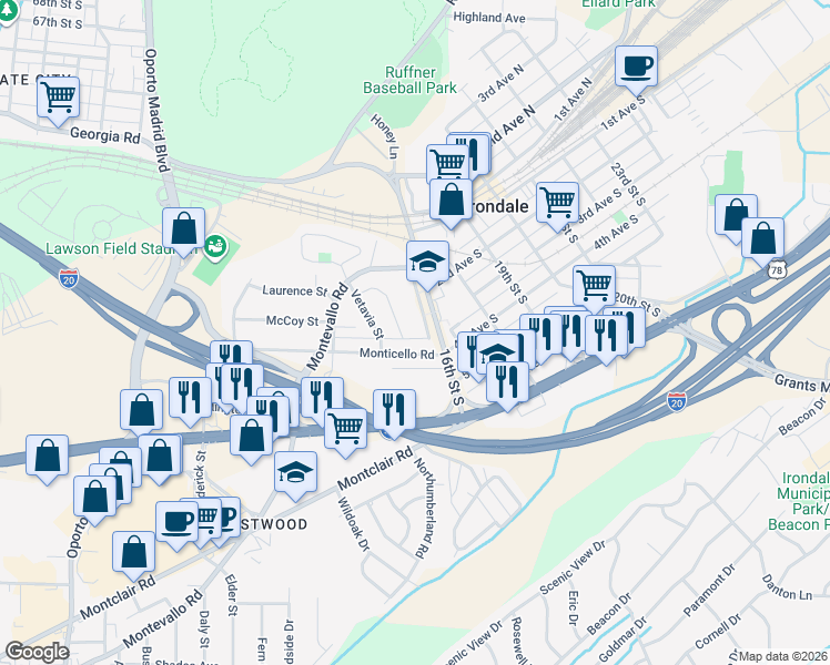 map of restaurants, bars, coffee shops, grocery stores, and more near 234 15th Street South in Irondale