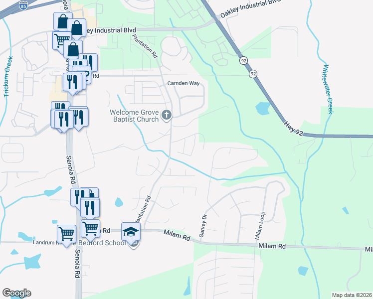 map of restaurants, bars, coffee shops, grocery stores, and more near 210 Hill Pine Road in Fairburn
