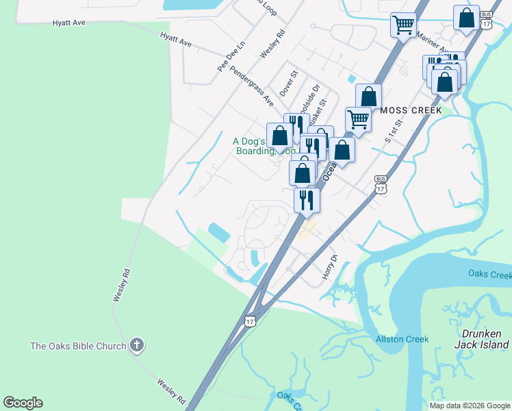 map of restaurants, bars, coffee shops, grocery stores, and more near 28 Morrell Court in Murrells Inlet