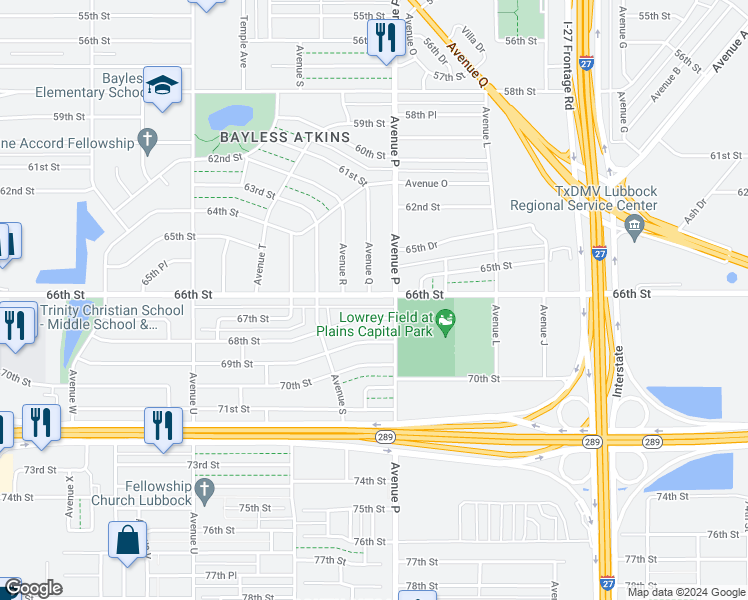 map of restaurants, bars, coffee shops, grocery stores, and more near 1609 66th Street in Lubbock