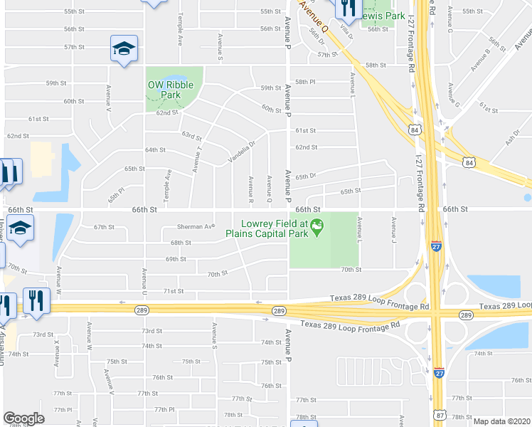 map of restaurants, bars, coffee shops, grocery stores, and more near 1609 66th Street in Lubbock