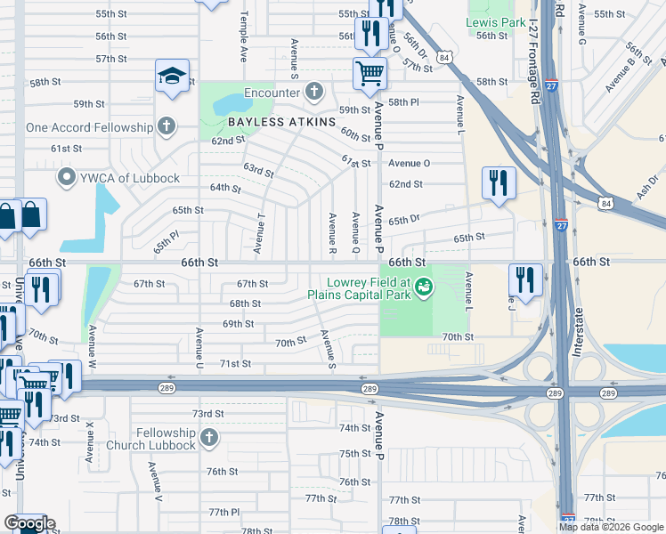 map of restaurants, bars, coffee shops, grocery stores, and more near 1805 66th Street in Lubbock
