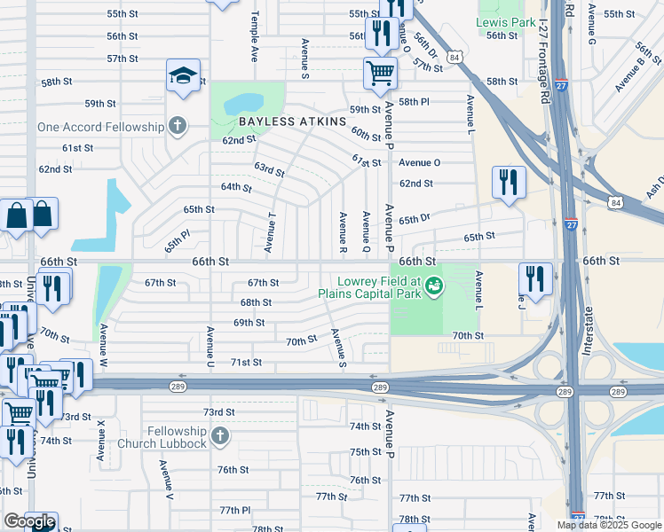 map of restaurants, bars, coffee shops, grocery stores, and more near 1805 66th Street in Lubbock