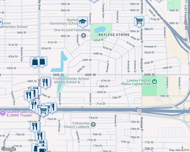 map of restaurants, bars, coffee shops, grocery stores, and more near 1931 66th Street in Lubbock