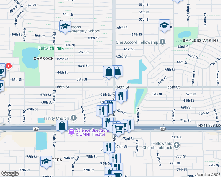 map of restaurants, bars, coffee shops, grocery stores, and more near 2503 66th Street in Lubbock
