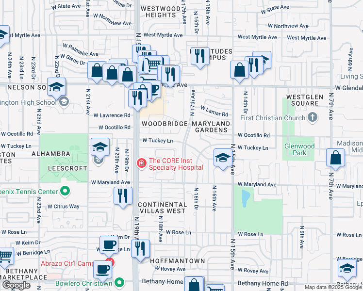 map of restaurants, bars, coffee shops, grocery stores, and more near in Phoenix