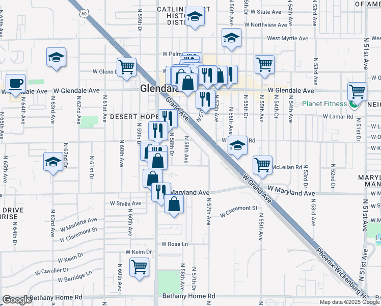 map of restaurants, bars, coffee shops, grocery stores, and more near 6621 North 58th Avenue in Glendale