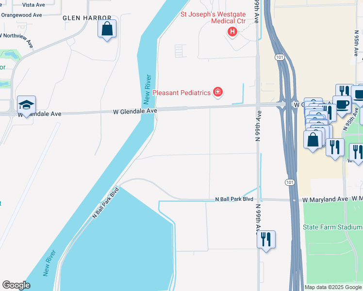 map of restaurants, bars, coffee shops, grocery stores, and more near 10101 West Glendale Avenue in Glendale