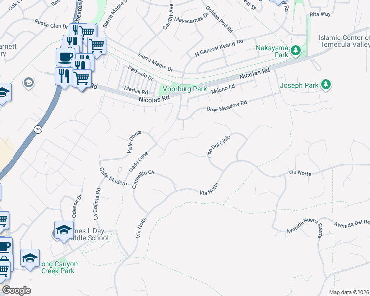 map of restaurants, bars, coffee shops, grocery stores, and more near 30130 Vía De La Mesa in Temecula