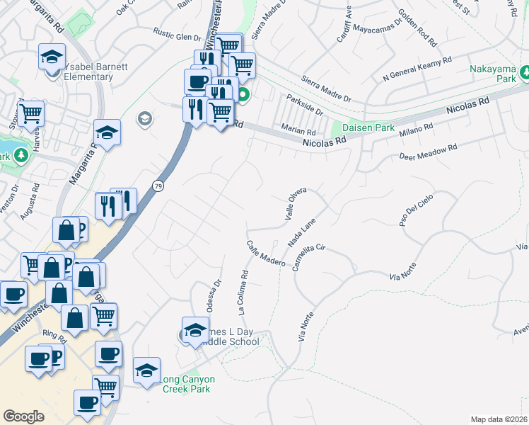 map of restaurants, bars, coffee shops, grocery stores, and more near 27598 Dandelion Court in Temecula