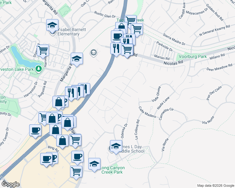 map of restaurants, bars, coffee shops, grocery stores, and more near 27518 Senna Court in Temecula