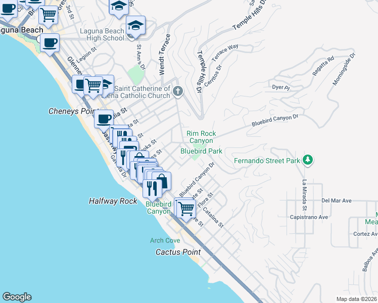 map of restaurants, bars, coffee shops, grocery stores, and more near 1473 Santa Cruz Street in Laguna Beach