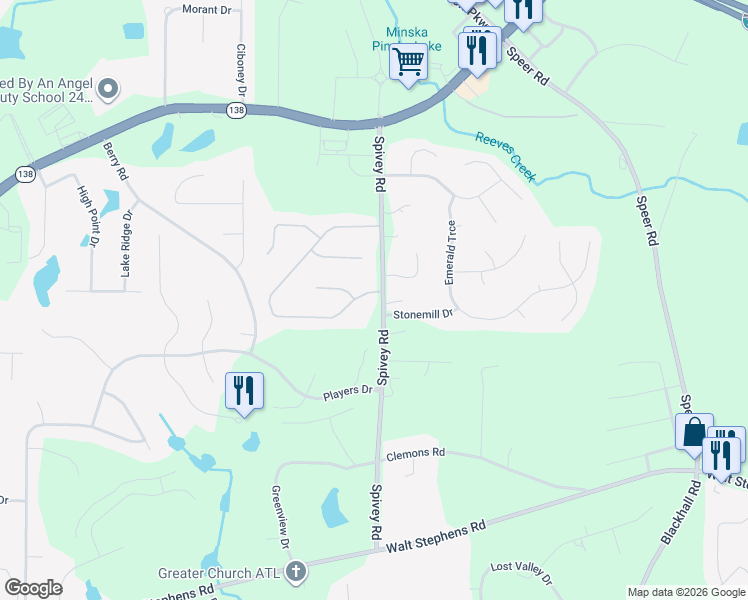 map of restaurants, bars, coffee shops, grocery stores, and more near 308 Spivey Ridge Circle in Jonesboro