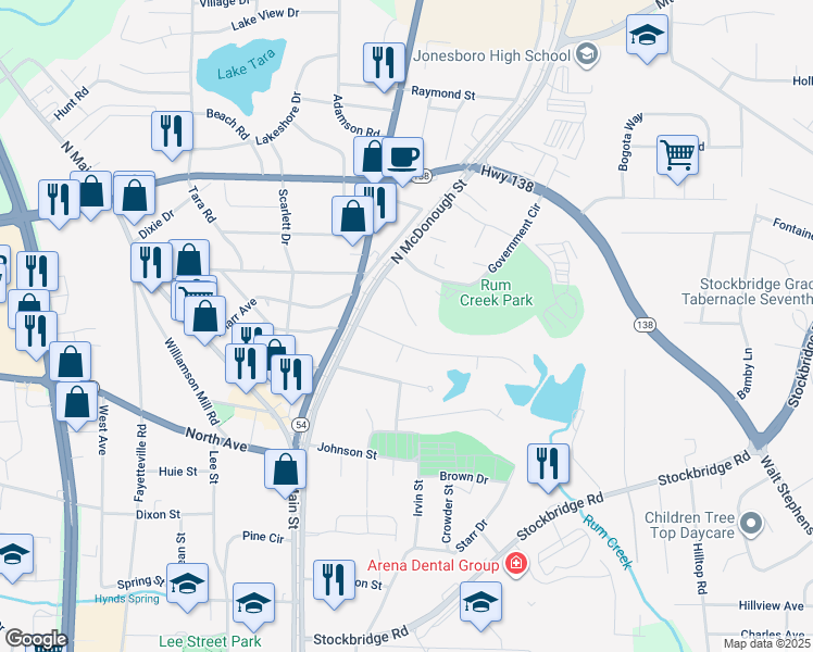 map of restaurants, bars, coffee shops, grocery stores, and more near 112 Burkshire Court in Jonesboro