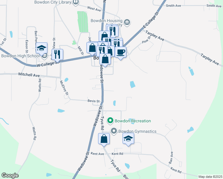map of restaurants, bars, coffee shops, grocery stores, and more near 327 Wedowee Street in Bowdon