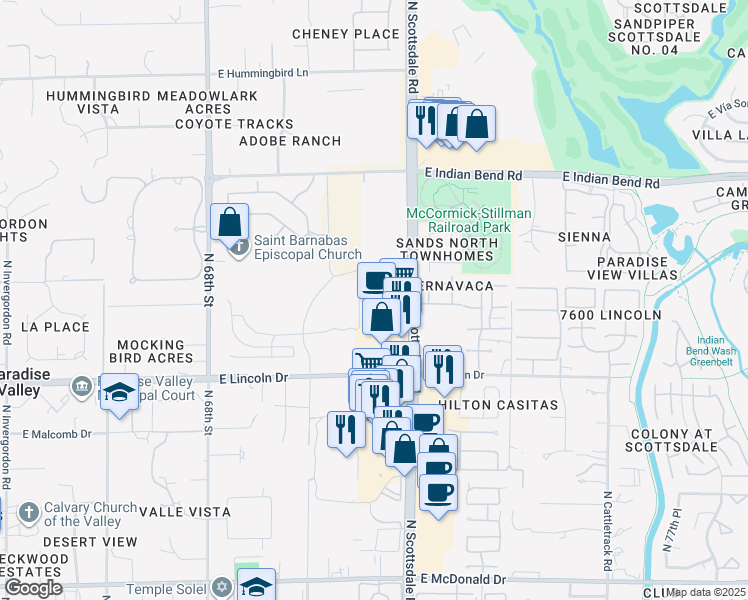 map of restaurants, bars, coffee shops, grocery stores, and more near 6720 North Scottsdale Road in Scottsdale