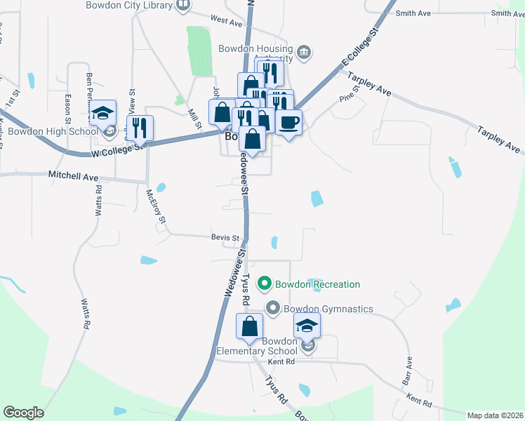 map of restaurants, bars, coffee shops, grocery stores, and more near 111 Springdale Avenue in Bowdon