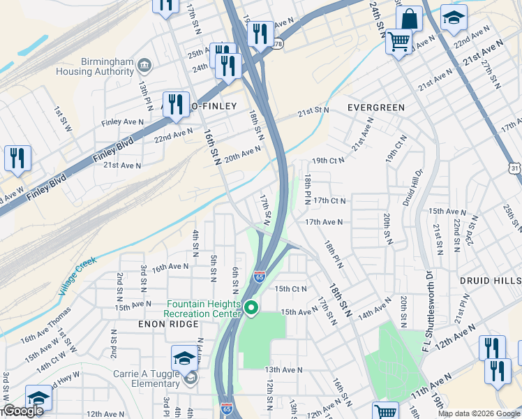 map of restaurants, bars, coffee shops, grocery stores, and more near 1735 17th Street North in Birmingham