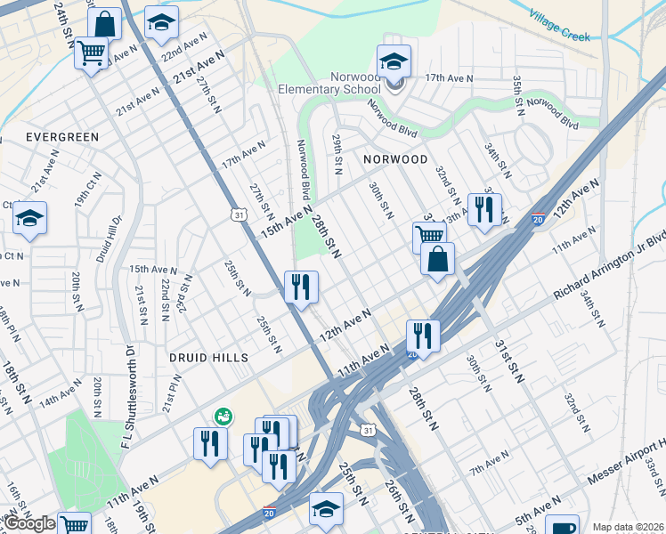 map of restaurants, bars, coffee shops, grocery stores, and more near 1328 28th Street North in Birmingham