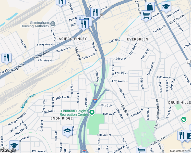 map of restaurants, bars, coffee shops, grocery stores, and more near 1735 17th Street North in Birmingham