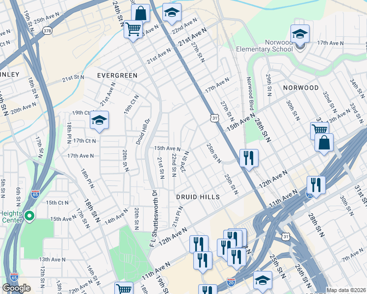 map of restaurants, bars, coffee shops, grocery stores, and more near 2212 15th Avenue North in Birmingham
