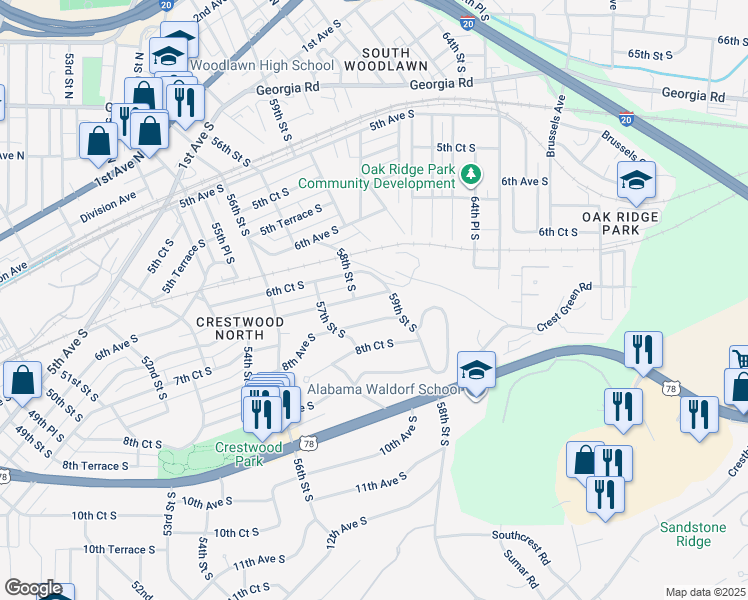 map of restaurants, bars, coffee shops, grocery stores, and more near 5813 7th Avenue South in Birmingham