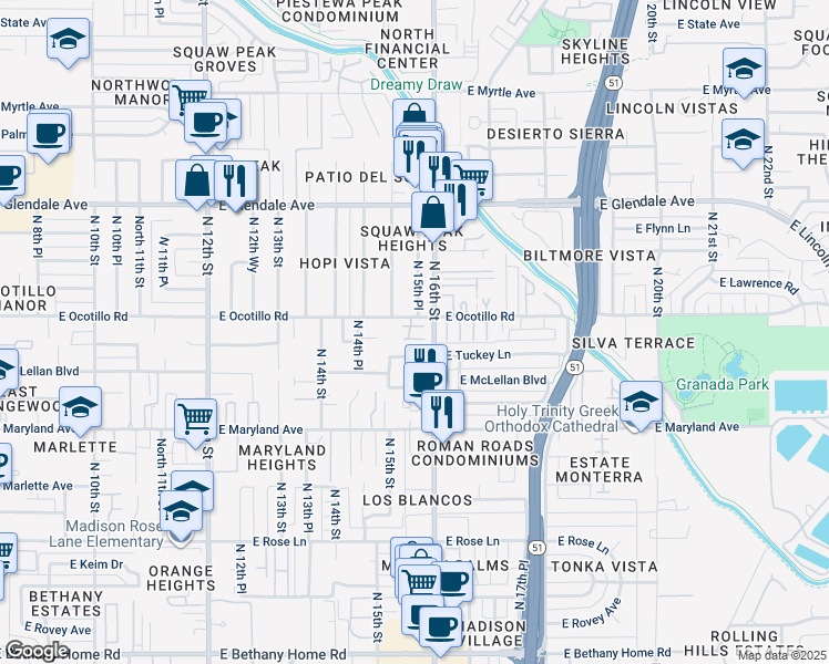 map of restaurants, bars, coffee shops, grocery stores, and more near 6650 North 16th Street in Phoenix