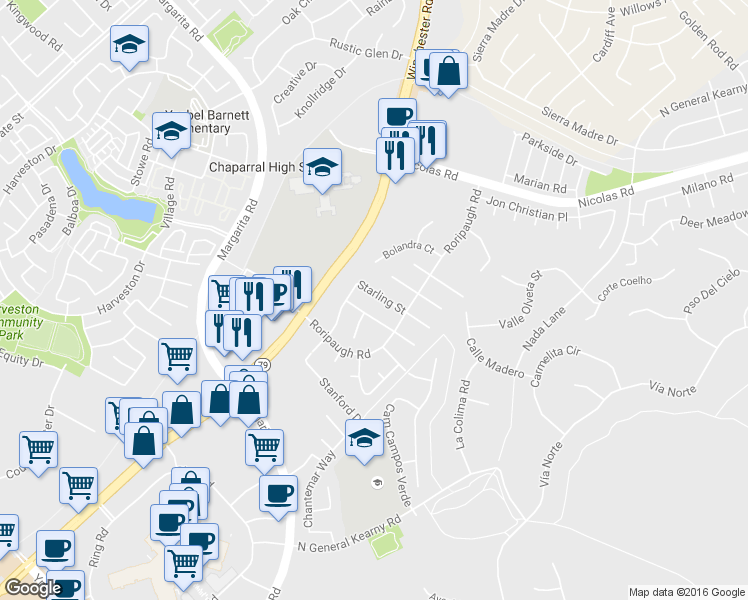 map of restaurants, bars, coffee shops, grocery stores, and more near 27463 Senna Court in Temecula