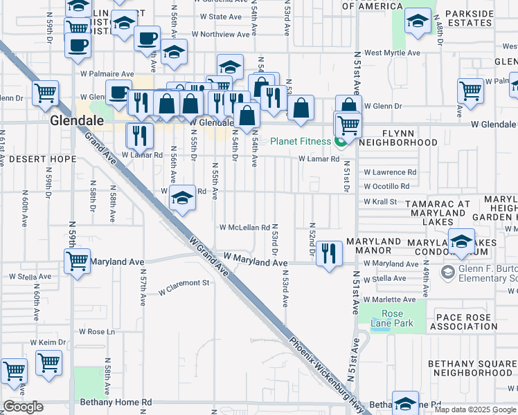 map of restaurants, bars, coffee shops, grocery stores, and more near 6625 North 54th Avenue in Glendale