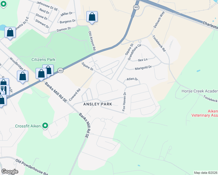 map of restaurants, bars, coffee shops, grocery stores, and more near 144 Cape Fox Circle in Aiken