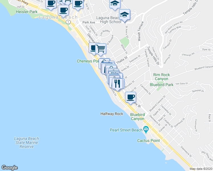 map of restaurants, bars, coffee shops, grocery stores, and more near 1059 Gaviota Drive in Laguna Beach