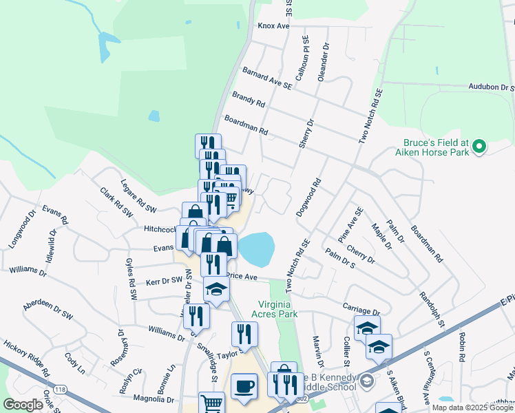 map of restaurants, bars, coffee shops, grocery stores, and more near 600 Colony Parkway in Aiken