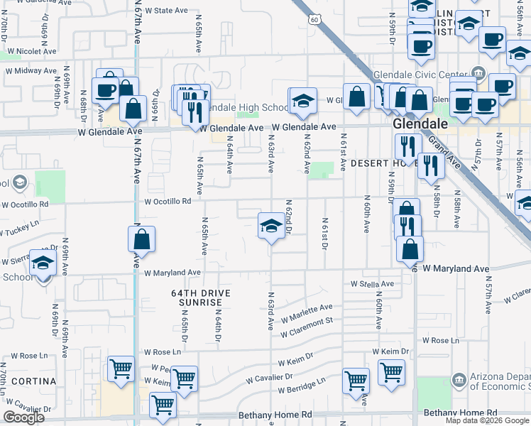 map of restaurants, bars, coffee shops, grocery stores, and more near 6630 North 63rd Avenue in Glendale