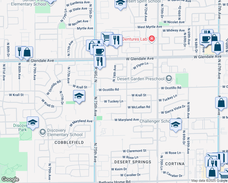 map of restaurants, bars, coffee shops, grocery stores, and more near 7339 West Ocotillo Road in Glendale