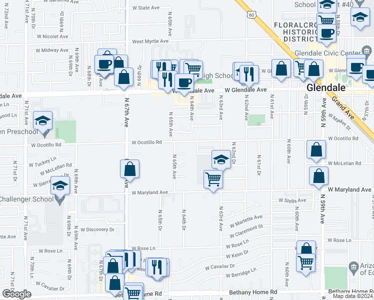 map of restaurants, bars, coffee shops, grocery stores, and more near 6422 West Tuckey Lane in Glendale