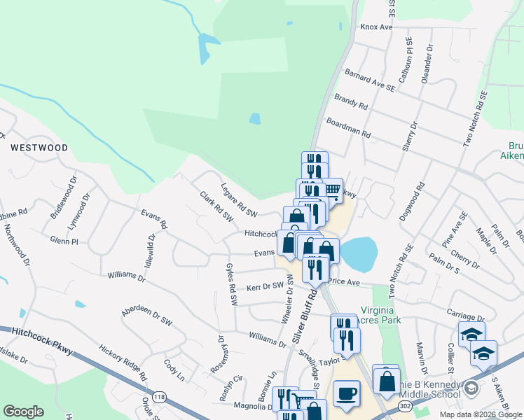 map of restaurants, bars, coffee shops, grocery stores, and more near 812 Legare Road Southwest in Aiken