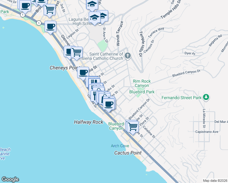 map of restaurants, bars, coffee shops, grocery stores, and more near 480 Cress Street in Laguna Beach