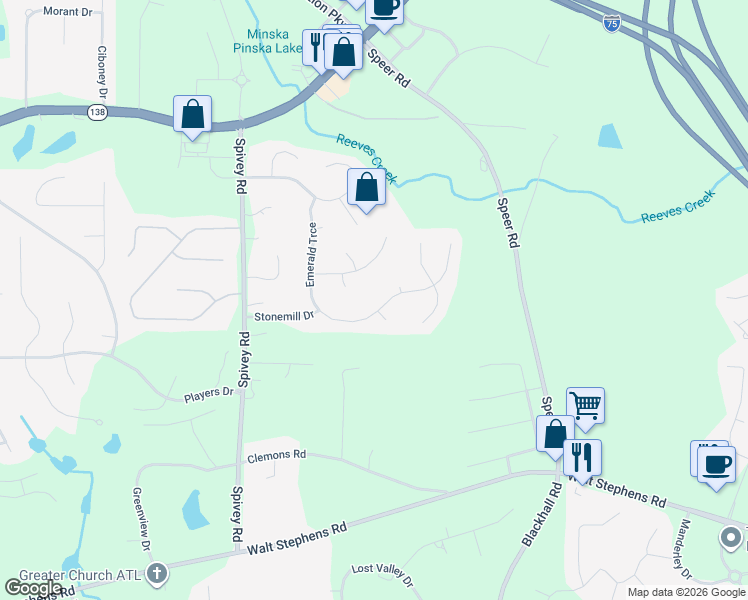 map of restaurants, bars, coffee shops, grocery stores, and more near 424 Emerald Trce in Jonesboro