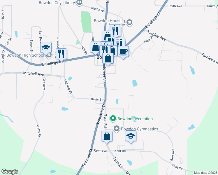 map of restaurants, bars, coffee shops, grocery stores, and more near 327 Wedowee Street in Bowdon