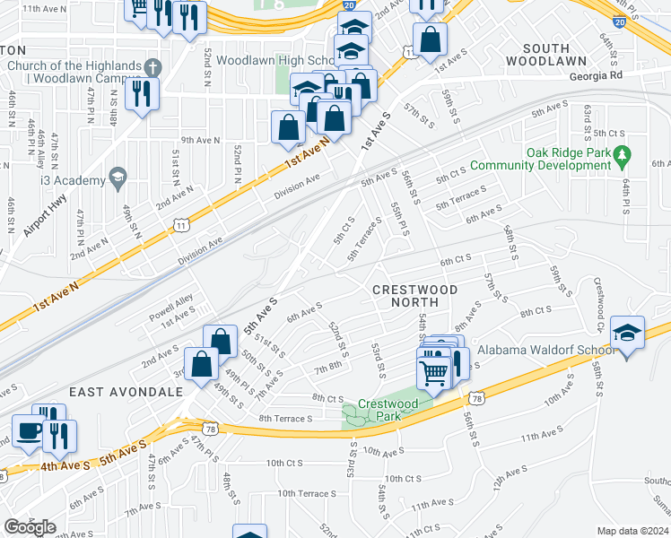 map of restaurants, bars, coffee shops, grocery stores, and more near 5301 5th Terrace South in Birmingham