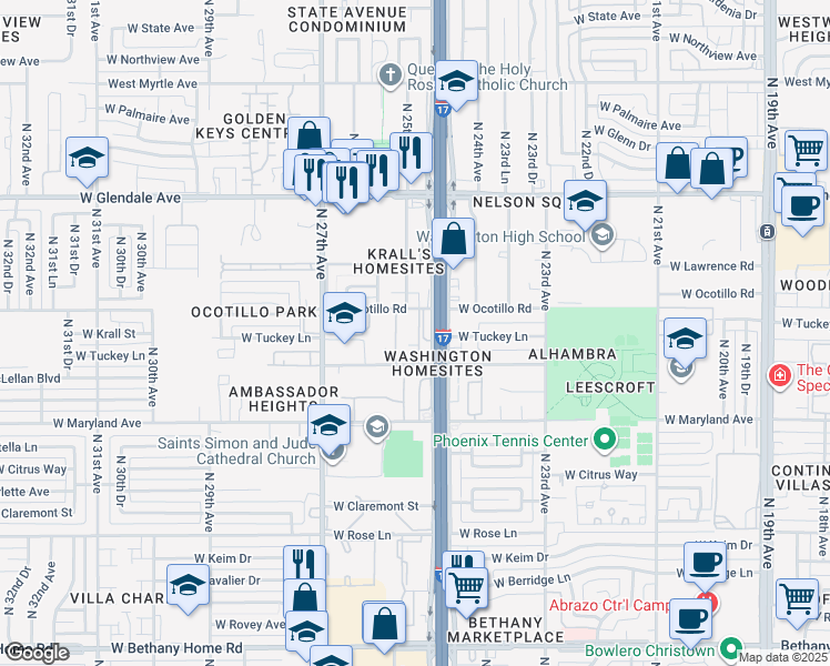 map of restaurants, bars, coffee shops, grocery stores, and more near 2520 West McLellan Boulevard in Phoenix